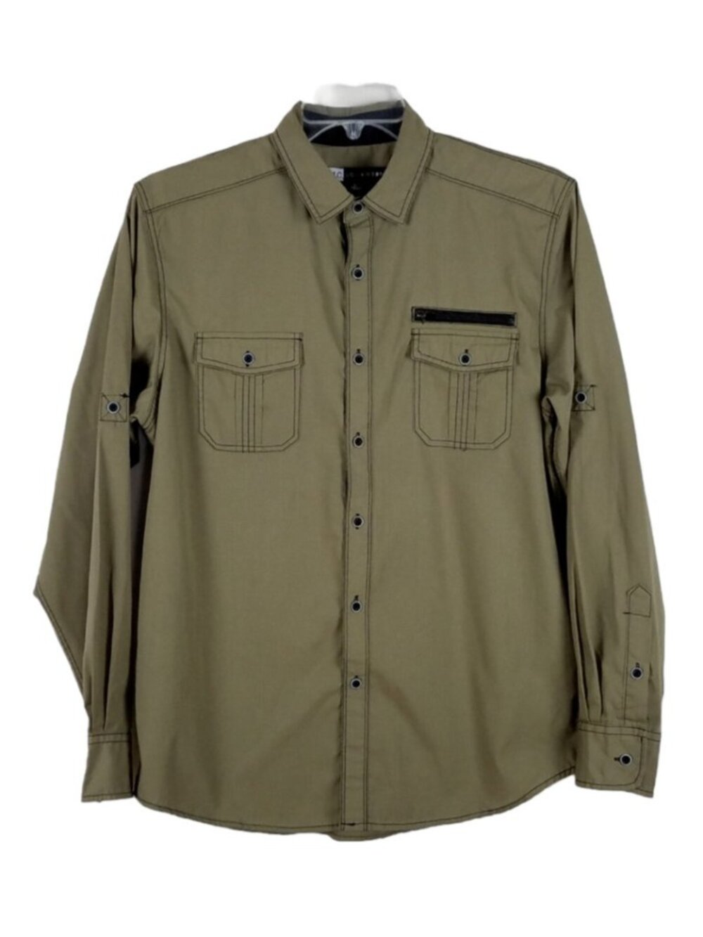 M.C. SQUARED 2 mens button front long sleeved Olive green shirt size L